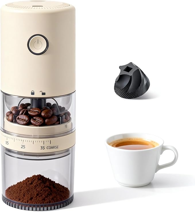 LAMIDO Portable Electric Burr Coffee Grinder - Grind While Charging - Visual Bean Hopper - 38 External Grind Settings - 1.8X Faster Grinding - 2000 mAh Battery for Travel, Camping (Light Beige, E96T)