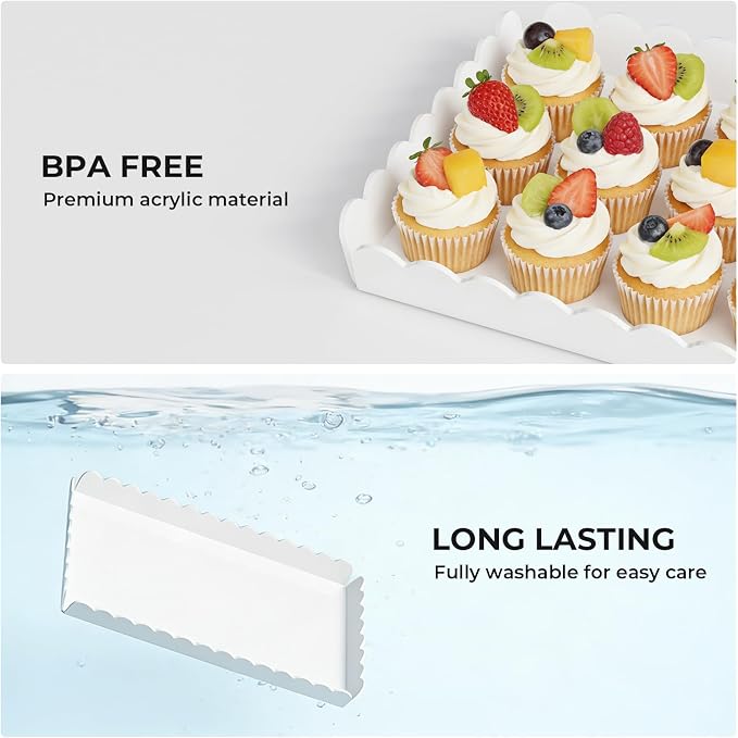 Acrylic Serving Trays 3 Pack, Glossy White Scalloped Acrylic Platters for Party Table Serving Food Cupcake Fruit, 12.9 x 7.1 Inch Reusable Catering Dessert Coffee Table Serving Tray for Wedding Event (Tray-White)