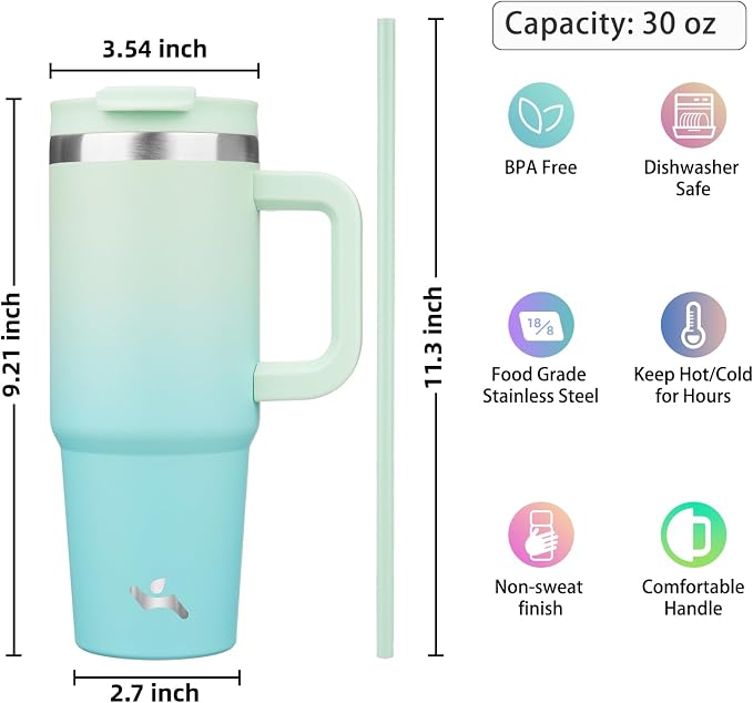 Konokyo 30 oz Insulated Tumbler Water Bottle with Handle, Straw Lid | BPA-free and dishwasher safe; made for gym, travel, coffee and gifting, 2 straws, cup holder friendly,Mint