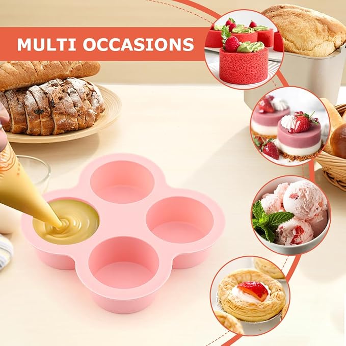 Reusable Silicone Air Fryer Egg Mold, 2 Pcs 4 Cavity Non-Stick Air Fryer Baking Pan with Oil Brush, Silicone Muffin Pans Muffin Cups for Baking, Hamburger Bun Pan(pink,blue)
