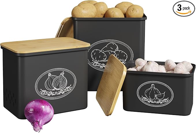 Lifewit Plastic Potato and Onion Storage Bin Box, Set of 3, Black | Stackable Garlic Keeper, Vegetable Container Box, Aerating Holes & Lid for Pantry Countertop
