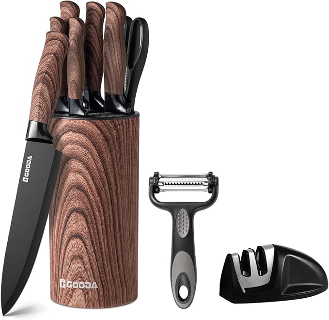 Knife Set,GOODA 9 Piece Kitchen Knife Set with Block and Sharpener, Anti-Rust Stainless Steel Cooking Knives Set for Kitchen, Chef Knife Block Set