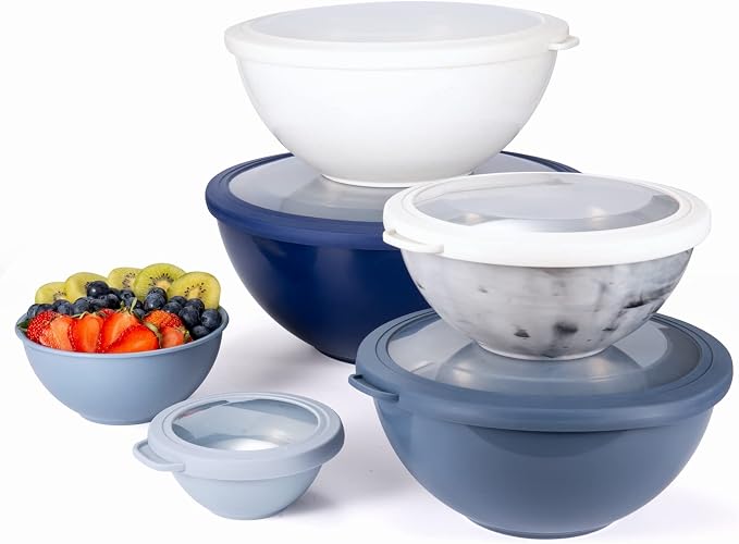 COOK WITH COLOR Mixing Bowls with Lids - 12 Piece Plastic Nesting Bowls Set includes 6 Prep Bowls, Microwave Safe Mixing Bowl Set, Blue and White TPR Lids