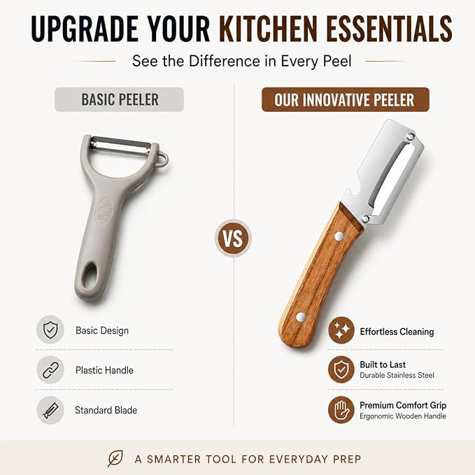Multifunctional Vegetable Peeler with Wooden Handle, 2-in-1 Stainless Steel Peeler with Built-in Bottle Opener, Ergonomic Peelers for Kitchen, Sharp Vegetable Peeler for Potato, Carrot & Fruit(1)