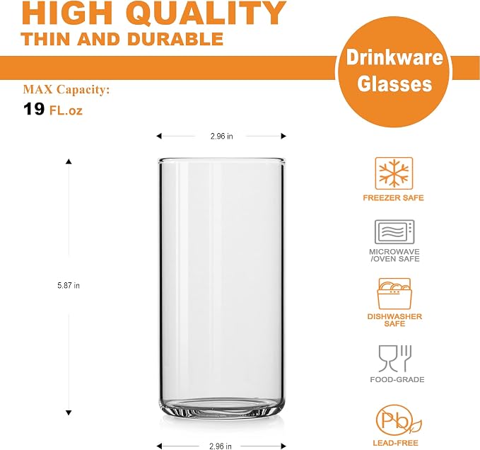 LUXU Drinking Glasses 19 oz, 4 pcThin Highball Glass,Clear Tall Beer Glass | Lead-Free Glassware,Clear Everyday Drinkware,Water Glasses,Mojito Glass Cups,Bar Glassware,and Mixed Drink Cocktail Glass Set