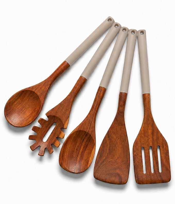 DI ORO Wooden Kitchen Utensil Set - 5 Pc Spoon & Spatula, Soft Grey | Won't scratch nonstick pots and pans; Natural hardwood, easy to hand wash; For cooking, serving, stirring, and turning