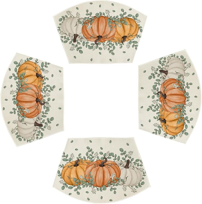 Artoid Mode Pumpkin Eucalyptus Fall Wedge Placemats Set of 4-12 x 18 Inch | Heat-Resistant, Washable Table Mats, Seasonal Autumn Leaves Kitchen Dining Decor