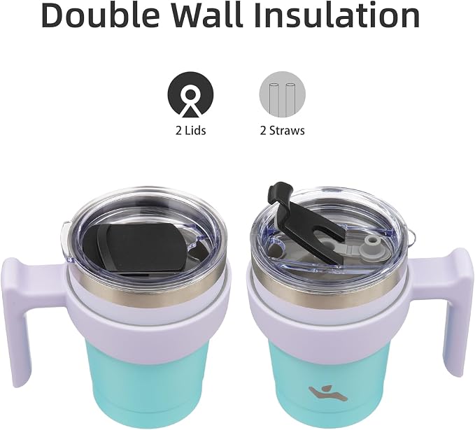 Konokyo 10 oz Tumbler with Handle and Straw, Insulated Travel Mug | Lavender Green; BPA-free, leak-proof tumbler with 2 lids, 2 straws, cup holder fit for coffee, office, travel & daily use