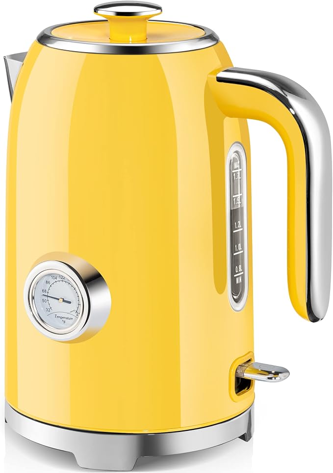 SUSTEAS 57oz Electric Kettle with Thermometer, Hot Water Pot, Retro Yellow | Electric Tea Kettle for Boiling Water, 1500W Stainless Steel Pot, Cordless LED Indicator, Auto Shut-Off & Boil Dry Protection