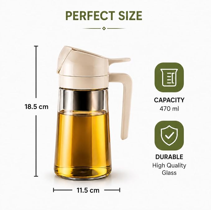 LIMPOPO Oil Sprayer for Cooking 16oz/470ml, Glass Olive Oil Dispenser Bottle, 2-in-1 Spray Mist & Stream Container for Air Fryer, Salad, BBQ, Baking & Grilling (White)