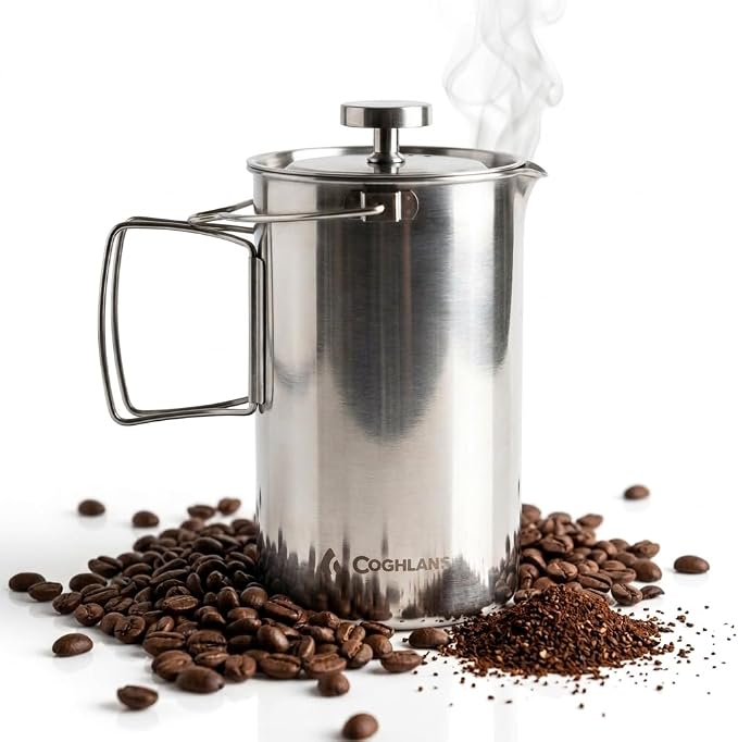 Coghlan's Stainless Steel French Press Coffee Maker – 4-Cup (32 oz), Campfire & Stovetop Safe, Portable & Durable – Fine Mesh Filter, Folding Handle, Dishwasher Safe – For Camping, Home, or Travel