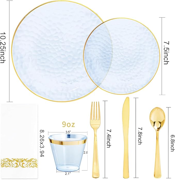 DaYammi 175PCS Clear Blue Gold Plastic Dinnerware Set for 25 Guests, Hammered Disposable Plates for Party, Include: 25 Dinner Plates, 25 Dessert Plates, 75 Gold Silverware, 25 Napkins, 25 Cups