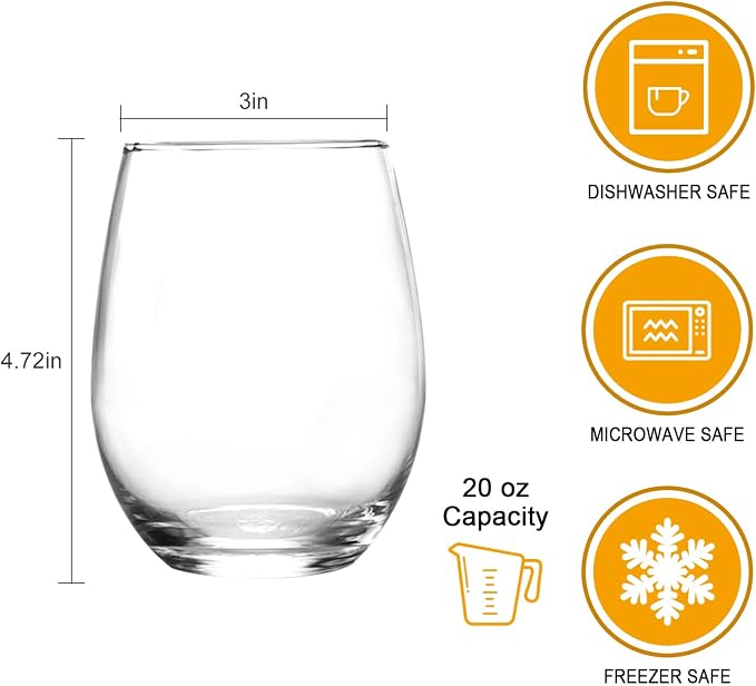 Stemless Wine Glasses 20oz,Red White Wine Glass Set of 8 | Clear, Drinking Glasses with Durable Chip Resistant Rim, Large Wine Glass for Birthday, Wedding, Christmas, Anniversary