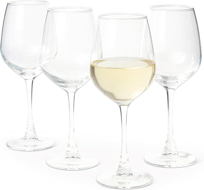 Amazon Basics Stemmed White Wine Glasses, 12 oz., Dishwasher-Safe, 4-Piece Set