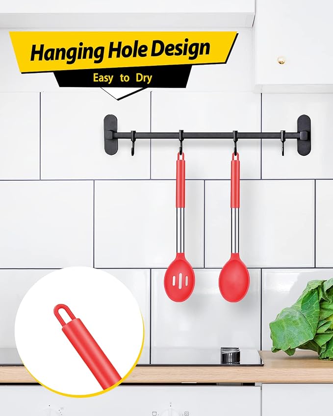 BUNDLEPRO Silicone Cooking Spoons for Non Stick Cookware, 2 Pack, RED | Heat Resistant, Large Kitchen Spoons for Mixing, Serving, Draining, Stirring