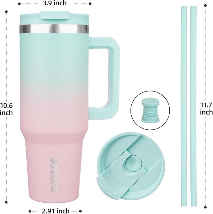 BJPKPK 40 oz Insulated Tumbler with Handle & Straw, Stainless Steel | Double Wall Vacuum Insulation, Leak Proof, BPA Free, Dishwasher Safe, Cupholder Friendly, Travel & Outdoor, Bubble Gum