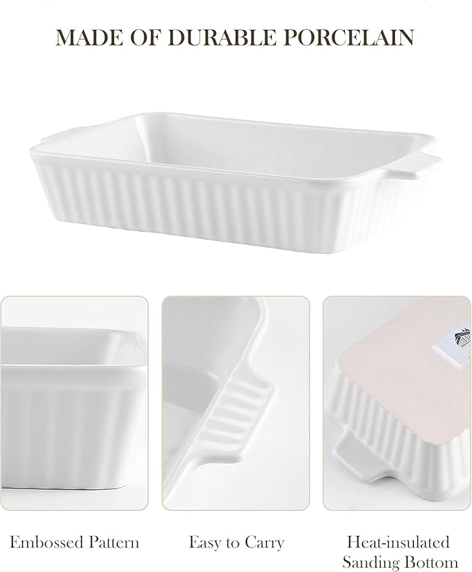 MALACASA Casserole Dishes for Oven, Ceramic Baking Dishes Set of 4, White | Rectangular Deep Lasagna Pans with Handles for Roasting Vegetable, Cake, Durable Bakeware, Wedding Gift(9.4/11.1/12.2/14.7")
