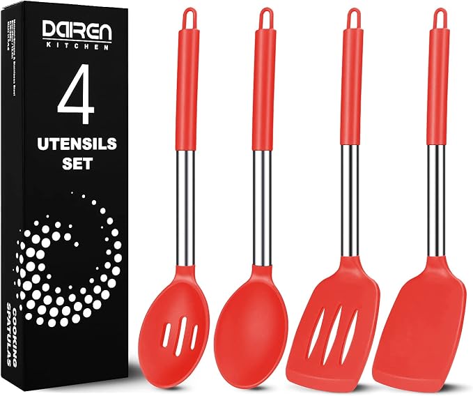 Large Silicone Cooking Spatulas and Spoons, BPA Free, 4 Pack (Red) | Slotted & Solid Stainless Steel Cooking Utensils Set, Non-stick Heat Resistant Kitchen for Baking, Fried, Stir-Fry, Serving