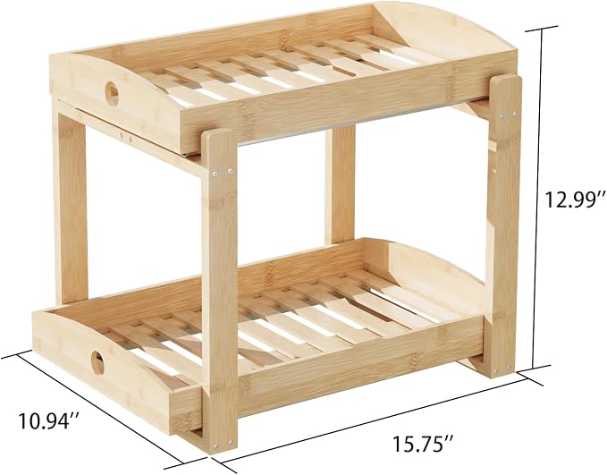2 Pack Bamboo Under Sink Organizer, 2-Tier Sliding Drawers for Cabinets | Pull-out drawers keep cleaners and tall bottles visible, organized and easy to reach in kitchen or bathroom cabinets