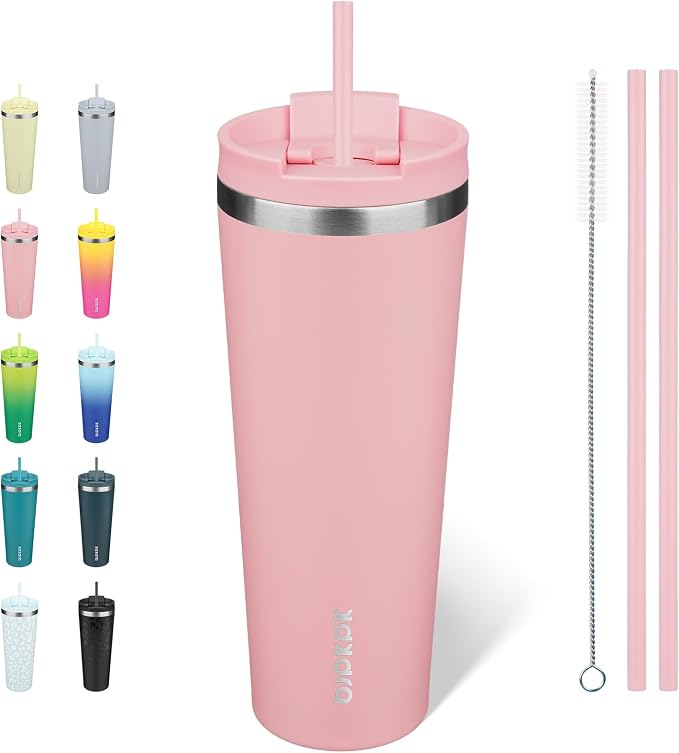 BJPKPK 26 oz Coffee Tumbler with Straw, Insulated Stainless Steel Cup | Double Wall Vacuum, Leak Proof Lid, Keeps Hot/Cold/Iced, BPA Free, Dishwasher Safe, Travel & Outdoor, Light Pink