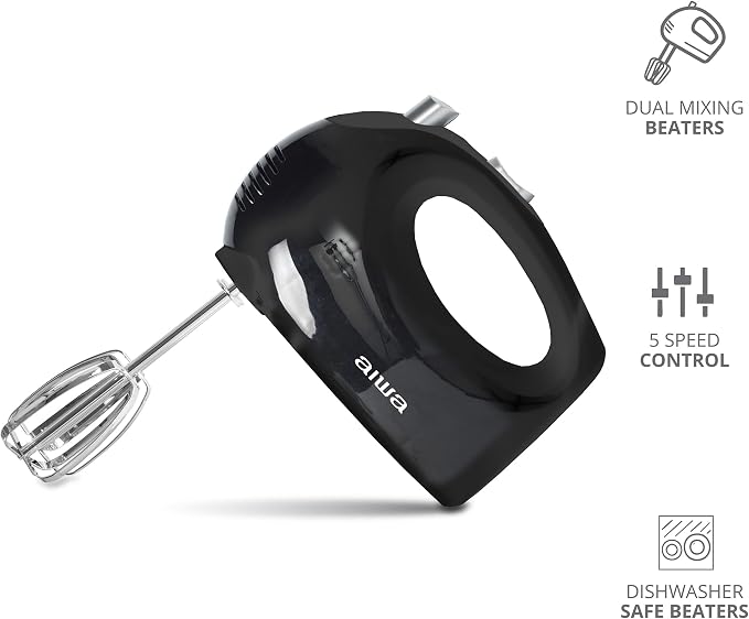 AIWA 5-Speed Hand Mixer with Eject Button, Electric Handheld Mixer for Cream, Batter, Eggs & Baking, Stainless Steel Beaters, Dishwasher-Safe, Lightweight Compact Design, Black