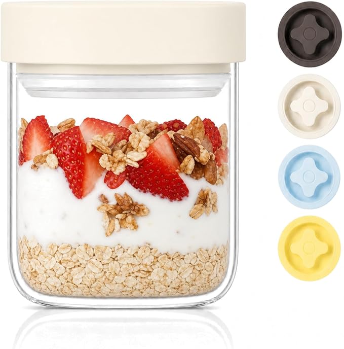 13 oz Small Airtight Glass Overnight Oats Containers with Lid | Twist Seal, Silicone Ring, Wide-Mouth Borosilicate Container for Yogurt, Chia Pudding, Fruit, Snacks and Meal Prep