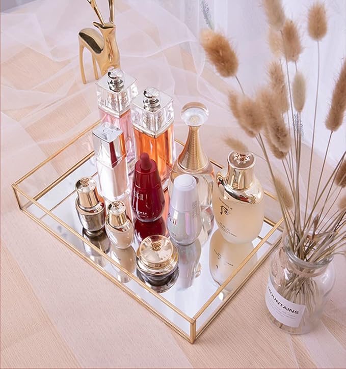 Sooyee Gold Rectangle Mirror Tray, Metal and Glass Fragrance Tray, 12"x8" | Decorative Tray, Can Hold Perfume, Jewelry, Cosmetics, Makeup, Magazine and More, For Vanity, Dresser, Bathroom, Bedroom