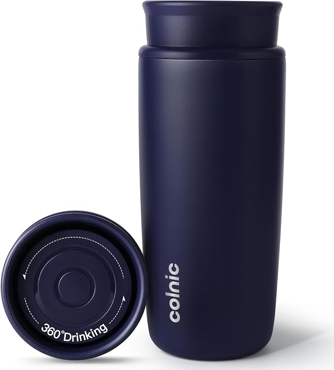 Travel Coffee Mug with 360°Lid, 12 oz Coffee Tumbler Insulated Travel Mugs for Hot and Cold, Vacuum Insulated Stainless Steel Coffee Cup Leak Proof Spill Proof-Navy Blue