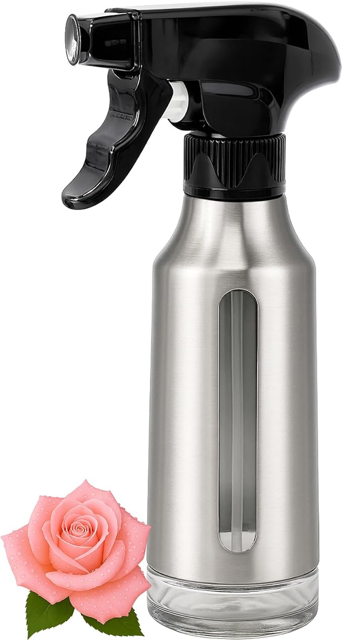Oil Sprayer for Cooking 180ml, Olive Oil Mister with Fine Mist Trigger, Stainless Steel Refillable Glass Dispenser Bottle 6.35oz for Air Fryer BBQ Salad & Baking (Black+Stainless Steel)