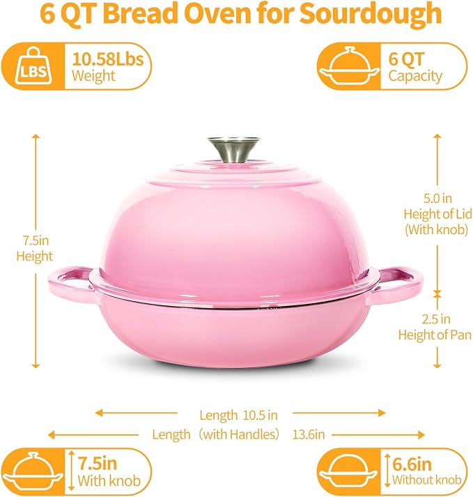 6QT Enameled Cast Iron Pink Dutch Oven For Sourdough Bread Baking | Dutch Oven Pot With Lid,Non-stick Sourdough Baking Pan with Bread Dome,Round Ceramic Dutch Oven Pot for Homemade