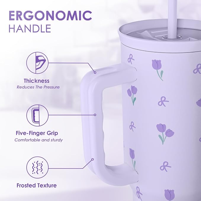Floral 40oz Tumbler with Handle and Straw – Tulip Insulated Stainless Steel Travel Coffee Mug for Women Girls, Floral Gift Idea for Birthday Christmas Mothers Day