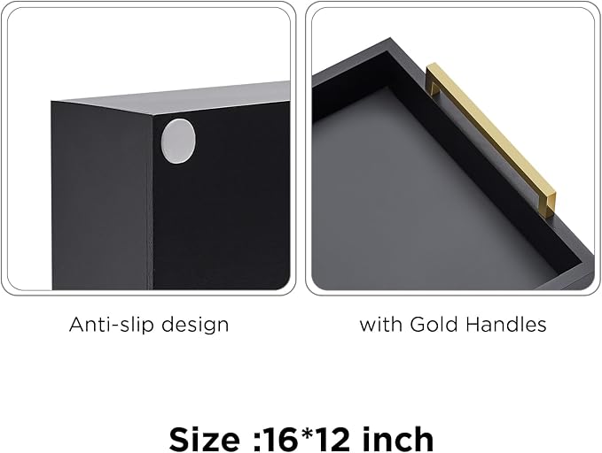 16"x12" Serving Trays with Handles, Black Decorative Serving Tray, Ottoman Trays for, Living Room, Bathroom, and Outdoors Decorative Trays (Black)