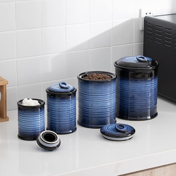Nihow Food Storage Jar, Ceramic Canister Sets for The Kitchen,Set of 4,Blue | Air Tight Lid, Seal Damp-proof, For Flour/Sugar/Rice/Coffee/Cookies/Candy, Kitchen Counter Canister