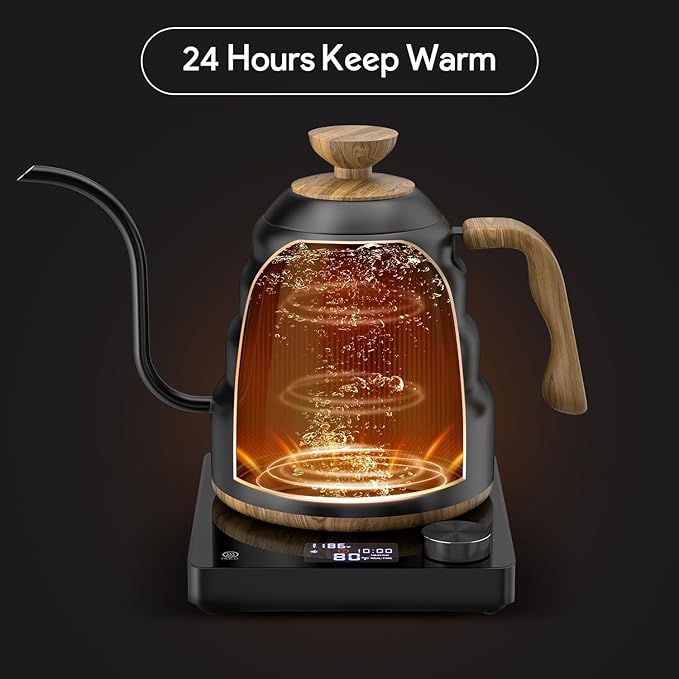 Electric Gooseneck Kettle, 30oz/0.9L Intelligent Temperature Control, Quick Heating, 304 Stainless Steel for Pour Over Coffee, Brew Tea, Boil Hot Water, 1000W （Black）