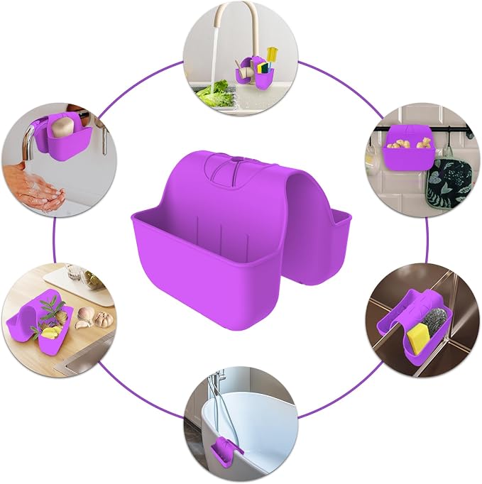 Sponge Holder for Kitchen Sink, Silicone Sink Saddle Caddy Organizer Rack, Sponges Holder Over Faucet, Hanging Kitchen Organizer Accessories Rack Basket - Purple