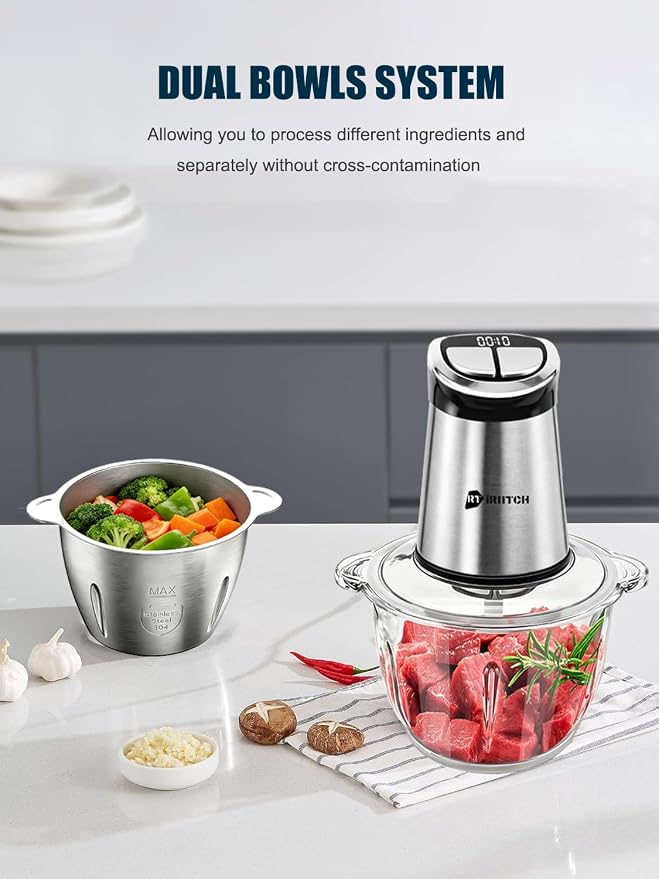 Food Processor, Baby Food Maker, 2 Bowls (10 cup+10 cup) | 800W Meat Chopper/Grinder, Food Puree Maker for Fruit, Vegetable, Nuts, Herbs, Garlic, Meat, 6-Second Quick Soft Food Prep