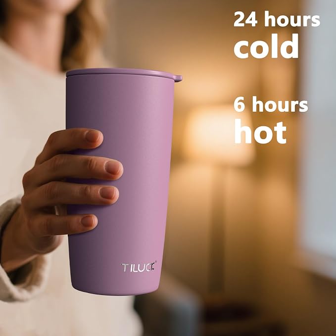 TILUCK 20 oz Insulated Coffee Tumbler with BPA-Free Lid | Travel Coffee Mug, Dishwasher Safe, Cup Holder Friendly, Double-Wall Vacuum Insulation for Hot & Cold Drinks, Matte Lilac