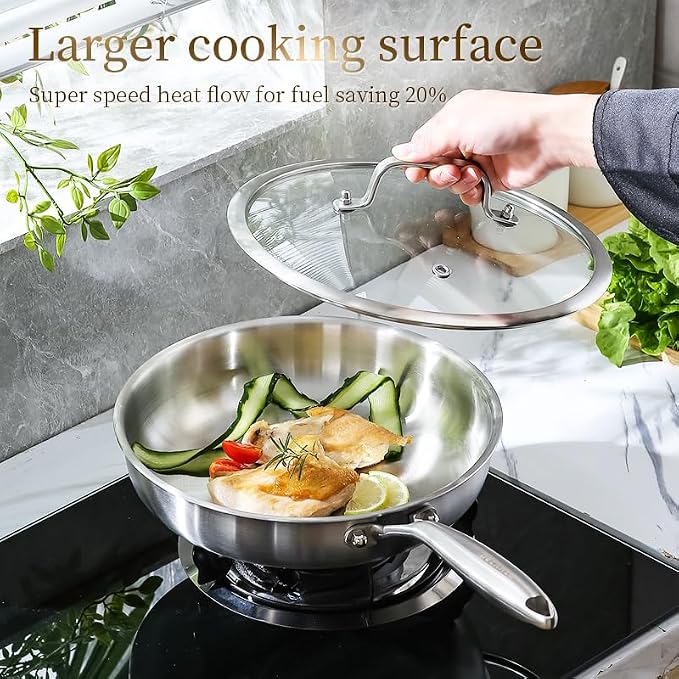 DELARLO Tri-Ply Stainless Steel Pan,18/10, 8",12" | Nontoxic Durable Oven Safe 800℉ All Cooktops Compatible Fast Even Heat PFOA Free Large Frying Pan Nontoxic Cookware