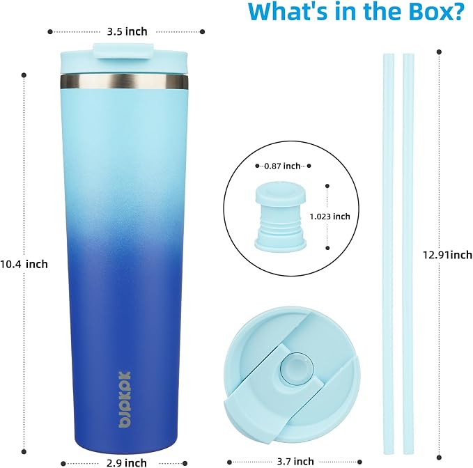 BJPKPK 34oz Coffee Tumbler with Straw, Insulated Stainless Steel Cup | Double Wall Vacuum, Leak Proof Lid, Keeps Hot/Cold/Iced, BPA Free, Dishwasher Safe, Travel & Outdoor, Sky