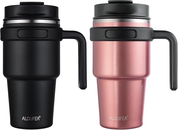 20 oz Insulated Travel Coffee Mug Tumbler with Handle and Straw | Leakproof Stainless Steel Coffee Cup with Lid, Double Wall Vacuum Ice Thermal Cup, Black and Rose Gold