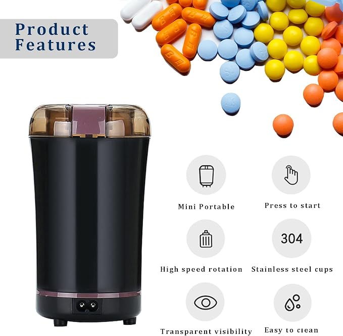 Multifunctional Electric Pill Crusher Grinder- Grind The Medicine and Vitamin or Coffee Beans Tablets of Different Sizes into Fine Powder-Grinder for Feeding Tubes, Children or Pets (Black)