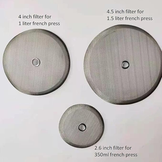 4 Pack French Press Filters 4.5 inch, 50 Oz 12 Cups Replacement Screen | 4 Pack 4.5 Inch | 100 Mesh Ultra Fine | Reinforced Metal Center Ring | 304 Stainless Steel | Fits 1.5L large French Press