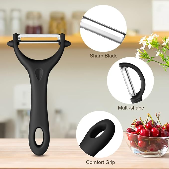 AUAUY 2PCS Potato Peeler, Y and I-Shaped Swivel Vegetable Peeler Set, Black | Fruit Peeler for Kitchen, Non-Slip Grip Peeler, Ergonomic Handle Sharp Blade Stainless Steel Peeler