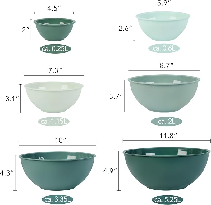 BoxedHome BPA Free Plastic Round Mixing Bowl with Lids, 12 Pack Nesting Bowls with Lids Set, Microwave and Dishwasher Safe Prep & Serving Bowls Great for Mixing, Baking, Serving (Green, 12pcs)