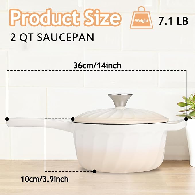 Enameled Cast Iron Sauce Pan with Lid, 2 Quart Saucepan with Lid | Dutch Oven with Lid, Small Cast Iron Pot for Cooking Pasta, Soup, Milk, Induction & Oven Safe Up to 500°F, Caramel White