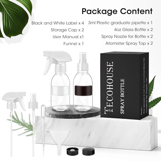 Small Glass Spray Bottle 4 OZ, 2 Pack Empty Clear Glass Spray Bottles | Empty Spray Bottles for cleaning, Plants, Pets, Hair, Durable Spray Nozzle, Fine Mist, Labels, Funnel, Pipettes, Reusable