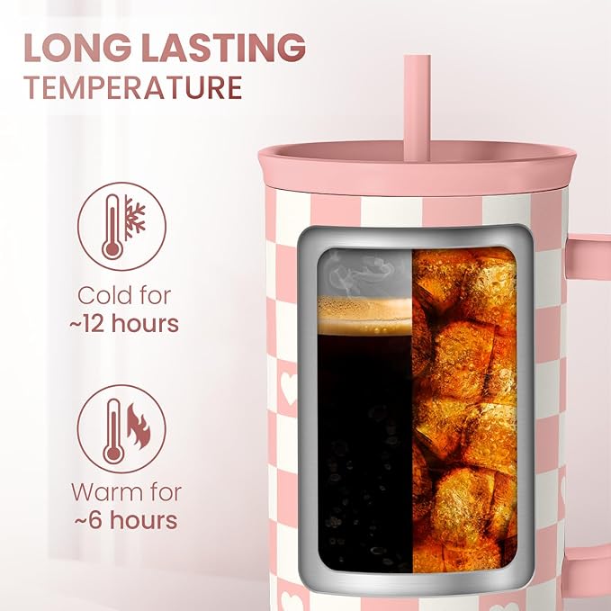 40oz Checkered and Heart Tumbler with Handle and Straw - Insulated Stainless Steel Travel Coffee Mug for Women Girls, Gift for Birthday, Christmas