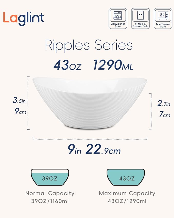 43 OZ Oval Serving Bowl Set of 4, 9 Inch White Opal Glass | Microwave & dishwasher safe serving dishes for salad, side dishes and fruit with lightweight design for daily kitchen use