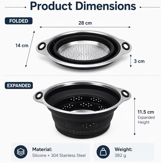 Mejoncb Collapsible Colander – Platinum Silicone Strainer with Stainless Steel Base, BPA-Free & Heat Resistant Kitchen Drain Basket (Black)