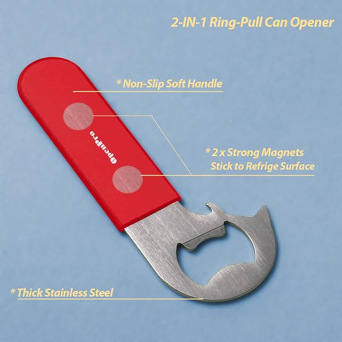 Magnetic 2-IN-1 Ring-Pull Can Opener, Beer Bottle Opener, Easy Open Any Pull Tab Cans for Seniors, Soda, Pet Food, Cat Cans, Beer, Gadgets for People with Arthritis, kitchen gadgets, 2-Pack, Red